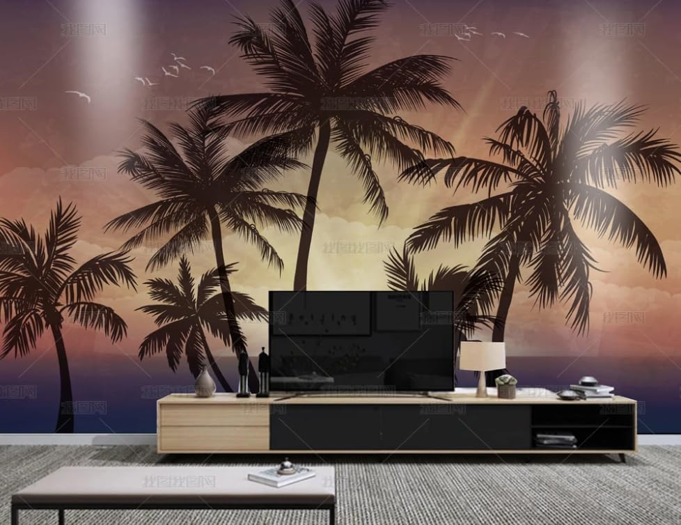 Papier peint intissé soleil couchant haut de gamme décor dessiné main panoramique pour salon
