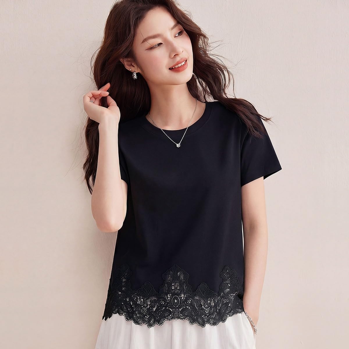 Top da donna girocollo in pizzo patchwork a maniche corte allentato