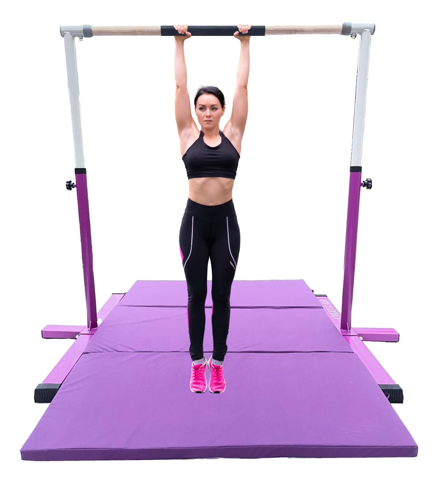 XDance Expandable Gymnastics Bar Kip Bar with 6'x4' Tumble Gymnastics Mat Set for Kids, Adjustable Height 3 to 5 FT Horizontal Bar Professional Junior Gymnast Gymnastic Bar Asymmetric Bar Purple