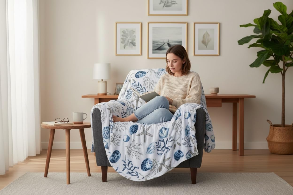 Nautical Beach Coastal Throw Blanket–Soft Cozy Velvet Fleece with Ocean Beach Coral and Starfish in Blue, Grey and White, for Couch Bed and Home Decor, 50x70 Inches (St. Lucia)