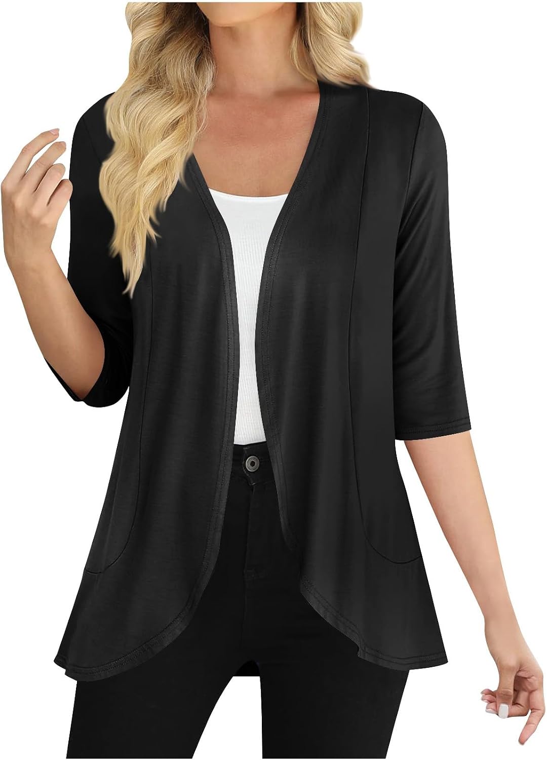 Women's Cardigan 3/4 SleevesTops Open Front Lightweight Loose Draped Ruffles Knit Cardigans Clothes