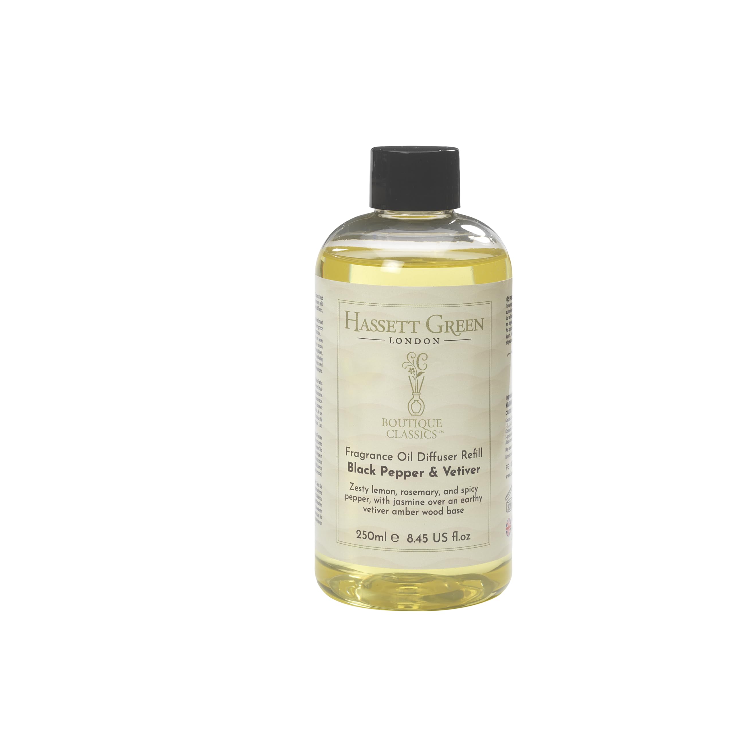 Hassett Green London Boutique Classics Black Pepper & Vetiver - Fragrance Oil Reed Diffuser Refill - Larger Size 250ml Bottle