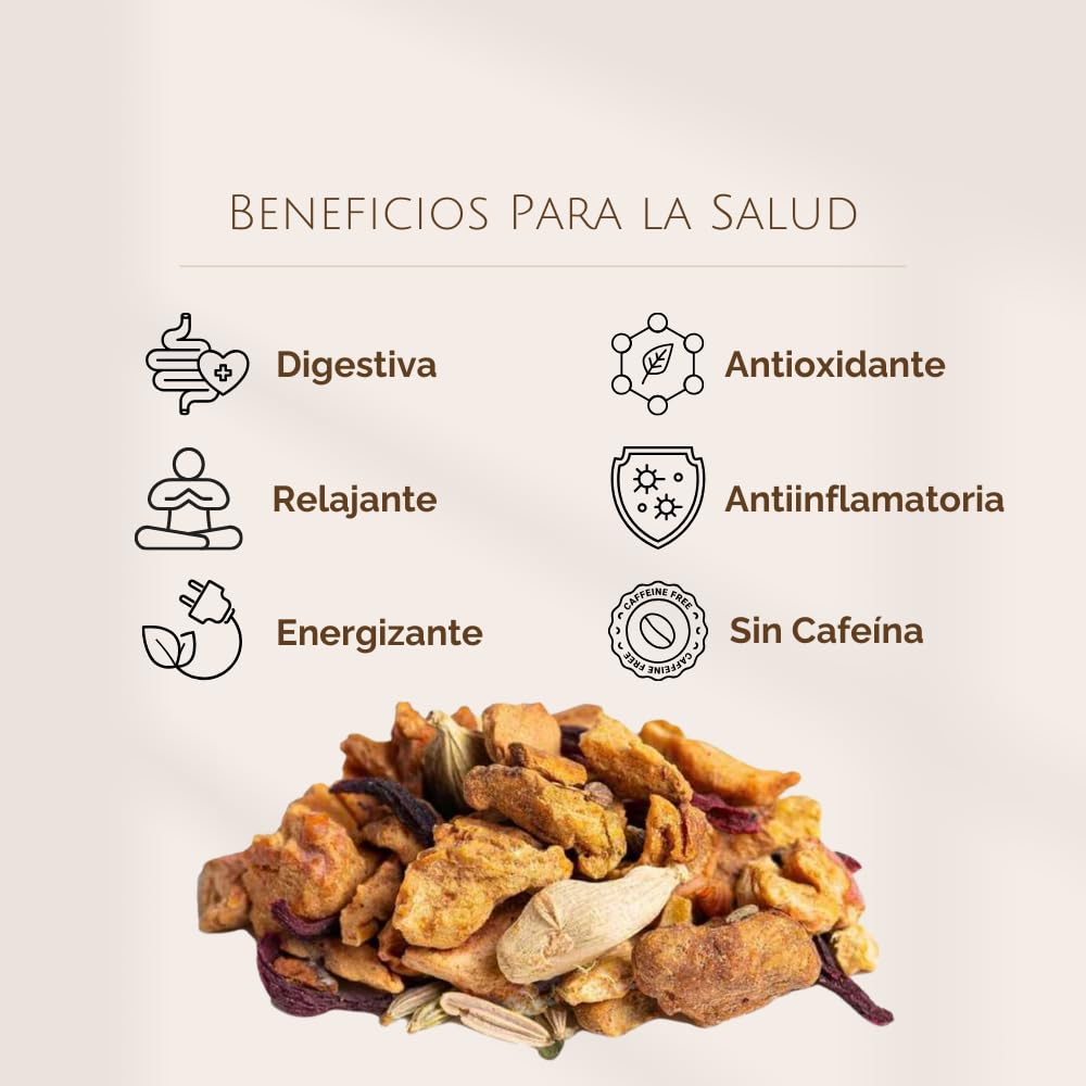 Chai Frutal Cultivo Sostenible a Granel 100 Gramos - Cultivo Sostenible - Ingredientes Naturales: Anís, Baya de Saúco, Canela, Cardamomo, Clavo, Cúrcuma, Hibisco, Hinojo, Jengibre, Manzana, Regaliz.