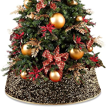 SURPCOS Christmas Tree Collar 30 inch, Christmas Tree Ring Golden Sequin, Christmas Tree Skirt Plastics Sheets with Collar Cover Christmas Tree Decoration for Christmas, Family Gatherings, Parties