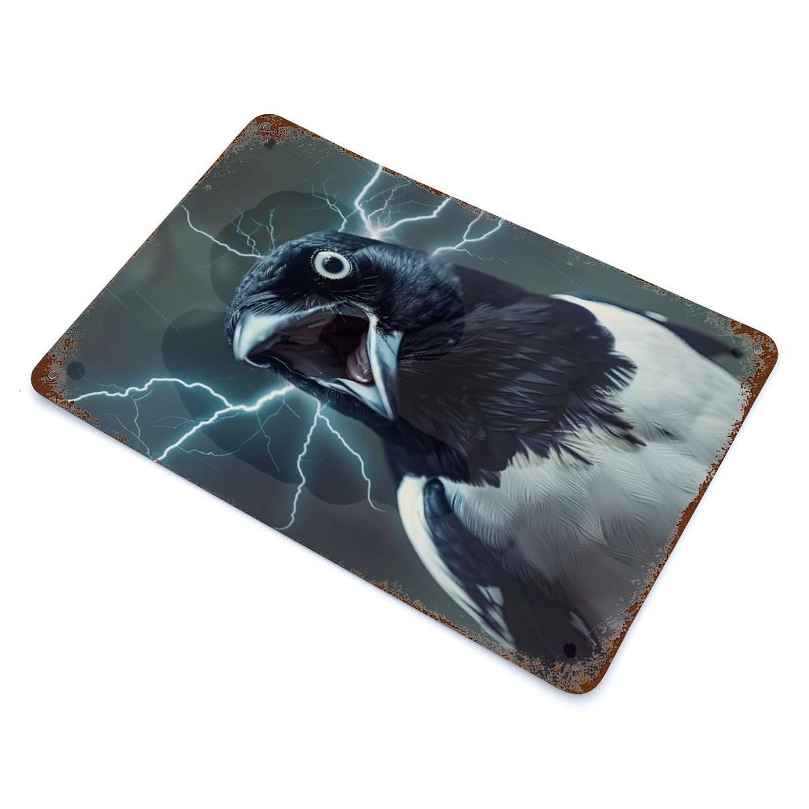 Rust Effect Magpie Lightning Weathered Tin Sign 11.8"x7.9", Novelty Wall Decor for Office, Studio And Wall Decor