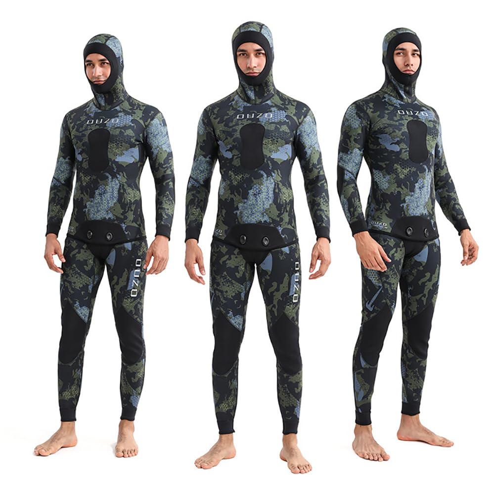 WYYHAA 3MM Neoprene Spearfishing Wetsuit with Hooded, 2 Pieces Long Sleeve Camouflage Hunting Diving Suit with Loading Chest Pad for Cool Water Freediving,Green,XL