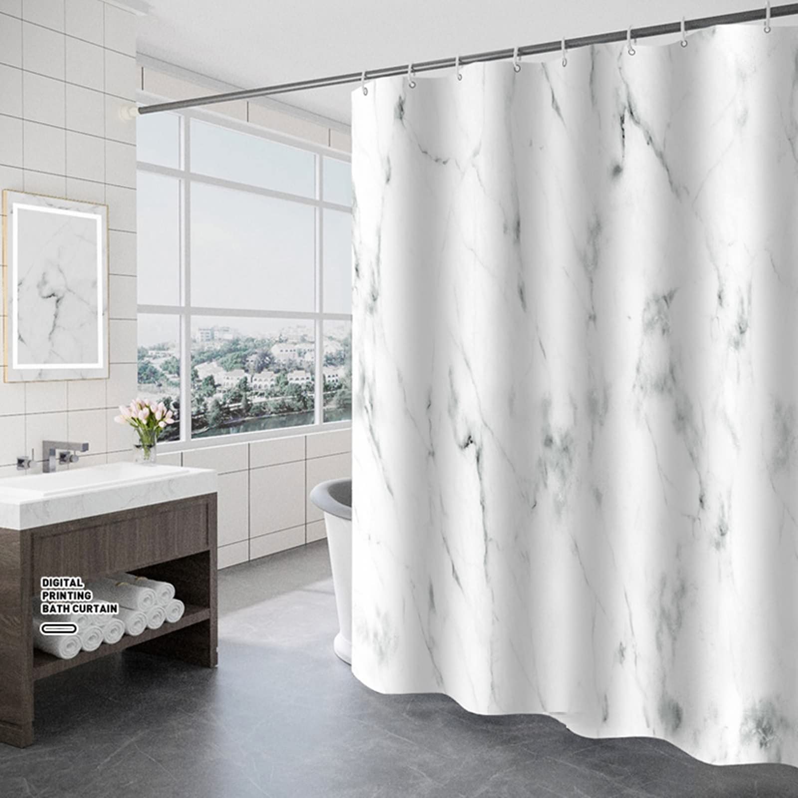Beydodo Cortinas de Baño con Ganchos,Cortina Baño Decorativa 220x200CM,Cortina Ducha Poliéster Patrón de Mármol Cortina de Baño Blanco