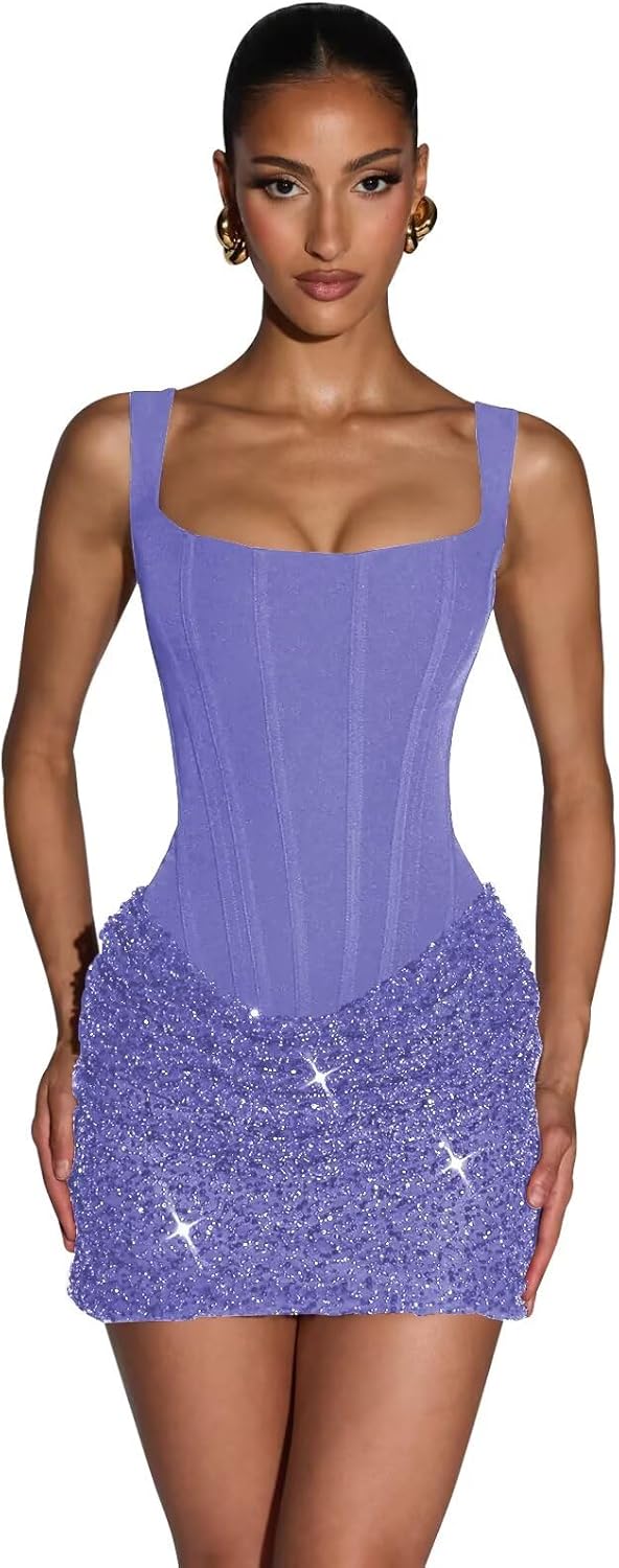 Mollyevers Short Sequin Homecoming Dresses for Teens 2026 Sparkly Tight Satin Corset Mini Cocktail Prom Dress