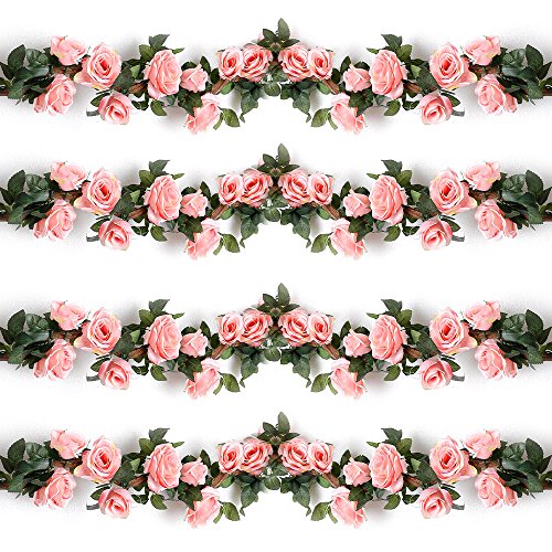 YILIYAJIA Fake Flowers Spring Garlands Rose Garlands Artificial Silk Flower Rose Vines Hanging Rose Ivy Plants for Wedding Home Office Arch Arrangements Decoration 4PCS(28.14 FT)(Pink)