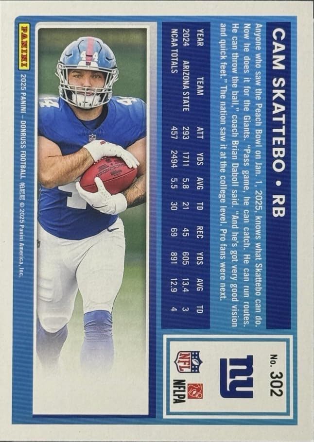 2025 Panini Donruss Cam Skattebo #302 Purple Press Proof New York Giants Rookie RC Football Card