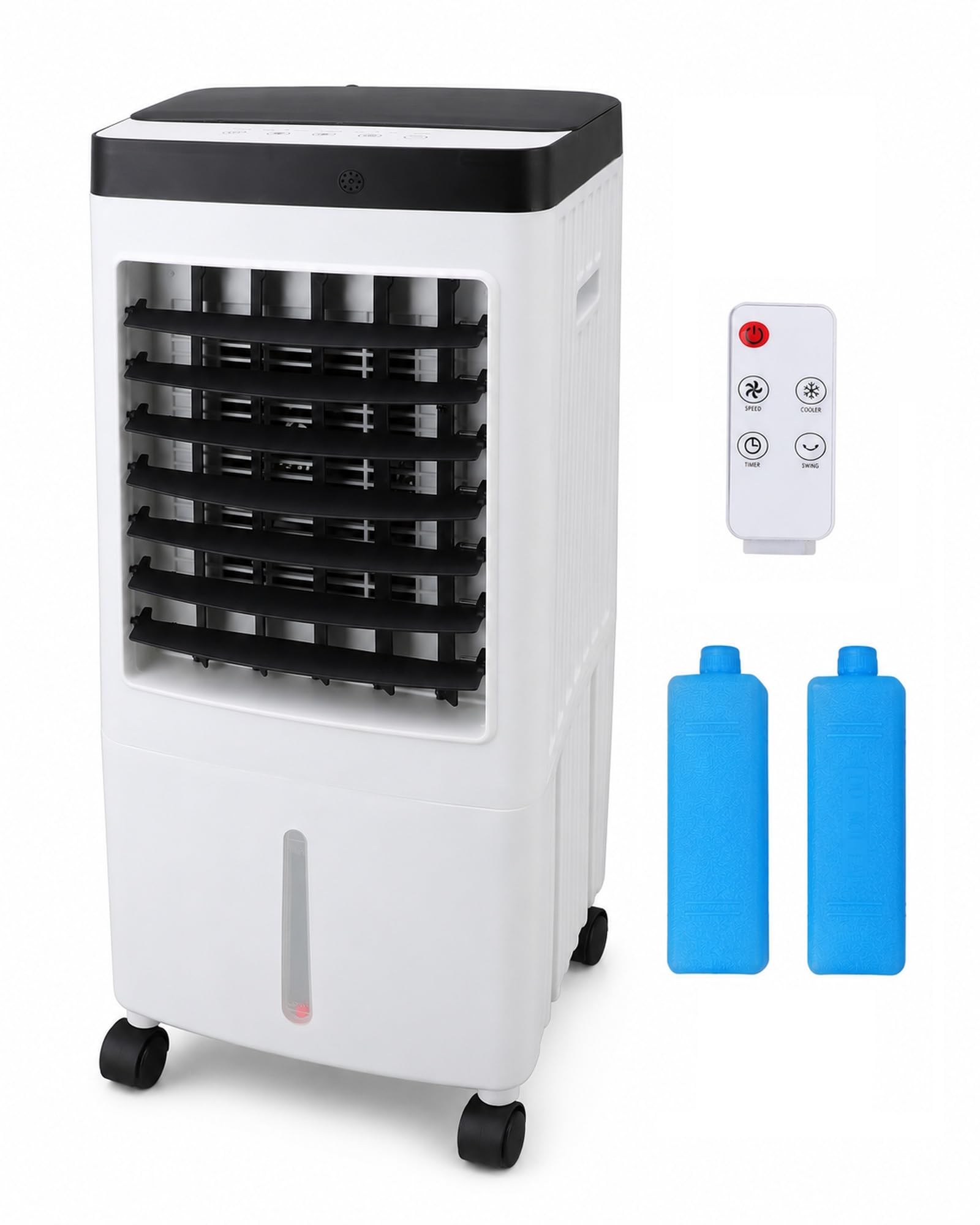 Enfriador de aire evaporativo de torre 4 en 1, enfriador de aire portátil con depósito de agua de 10 litros, 2 baterías de hielo, oscilación, temporizador 7H, mando a distancia, ventilador de torre