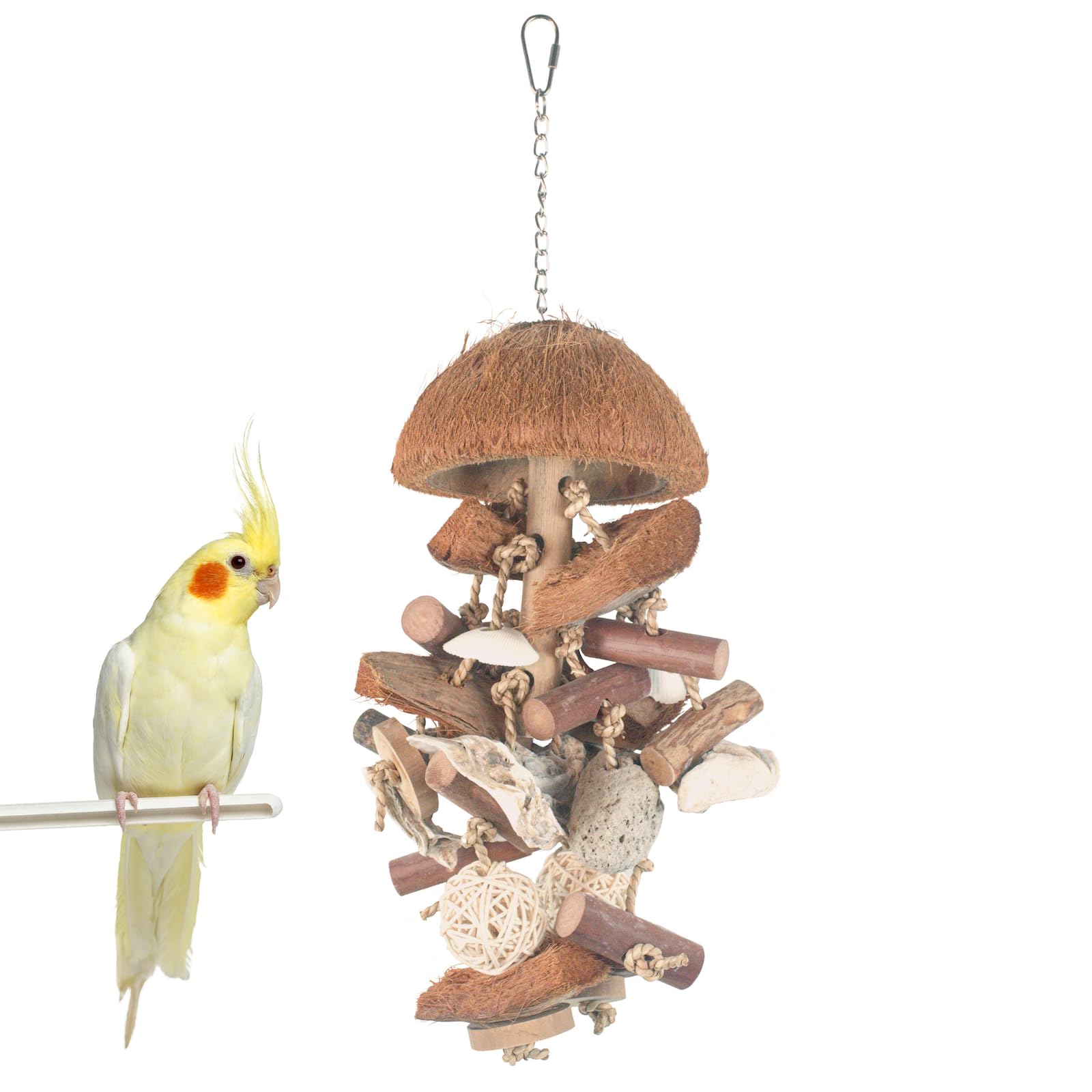 JoyGinBStiao Bird Toys with Natural Coconut Shell - 18in Handmade Hanging Shredding & Foraging Toy with Wood Blocks, Lava Stones, Parrot Toys for Cockatiels, Conures, Parakeets