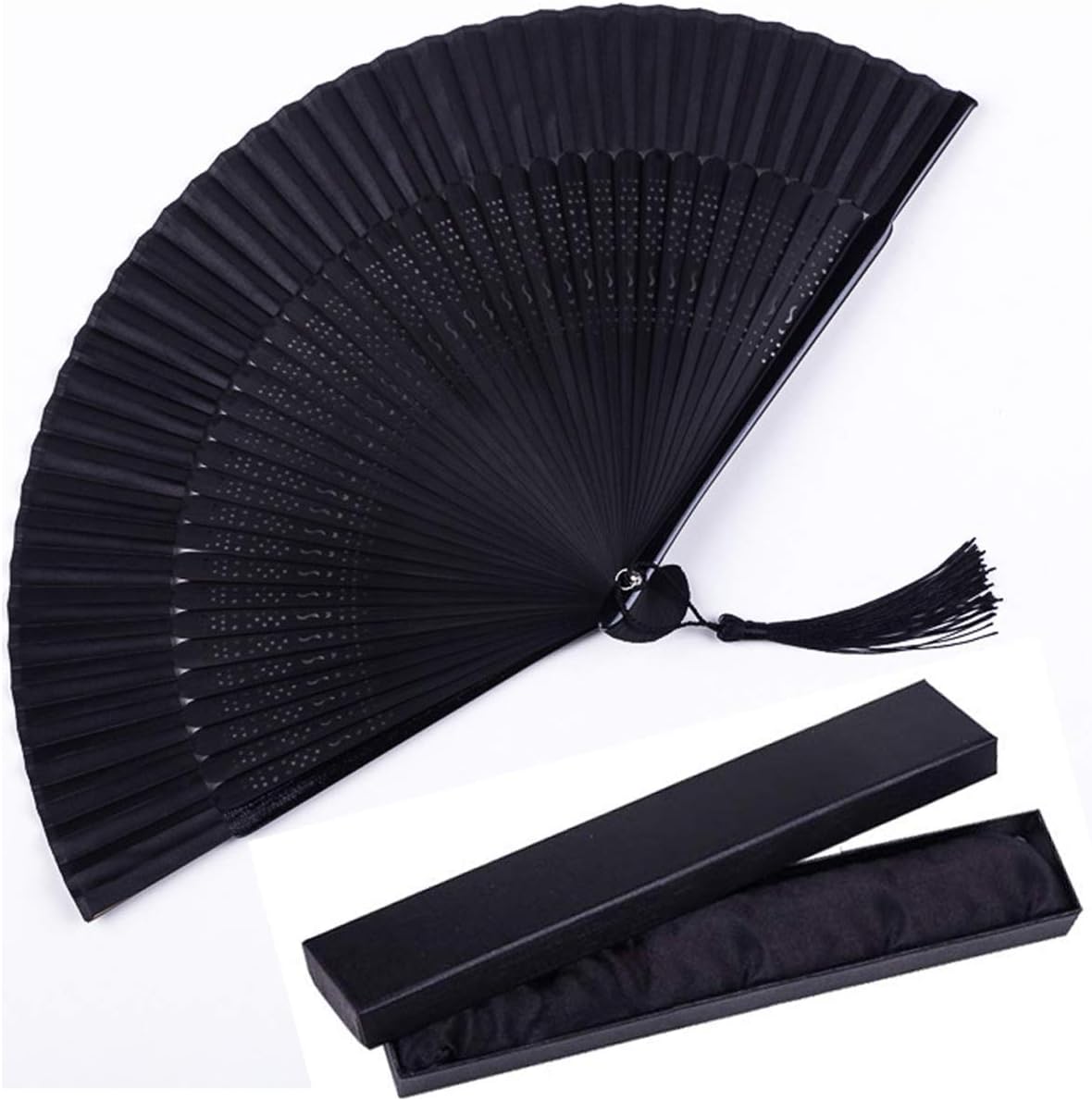 Folding Hand Held Fan, Silk Bamboo Folding Fans Wooden Handheld Folded Fan with Gift Boxed Oriental Handmade for DIY Wall Decoration Wedding Party Favor Women Man Dancing Show Props
