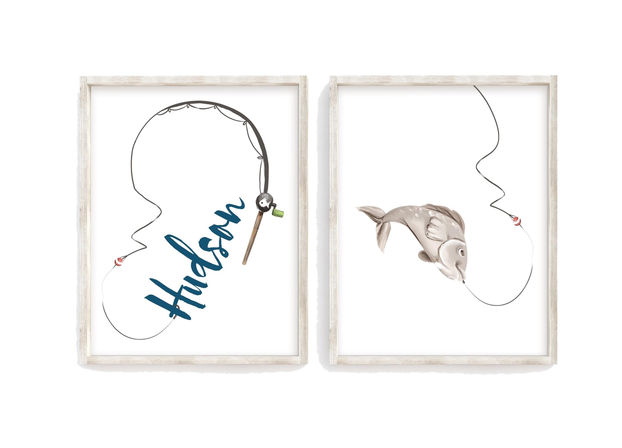 Personalized Watercolor Fishing Nursery Little Boys Room Set of 2 Unframed Prints, Rustic Outdoor Nautical Themed Decor