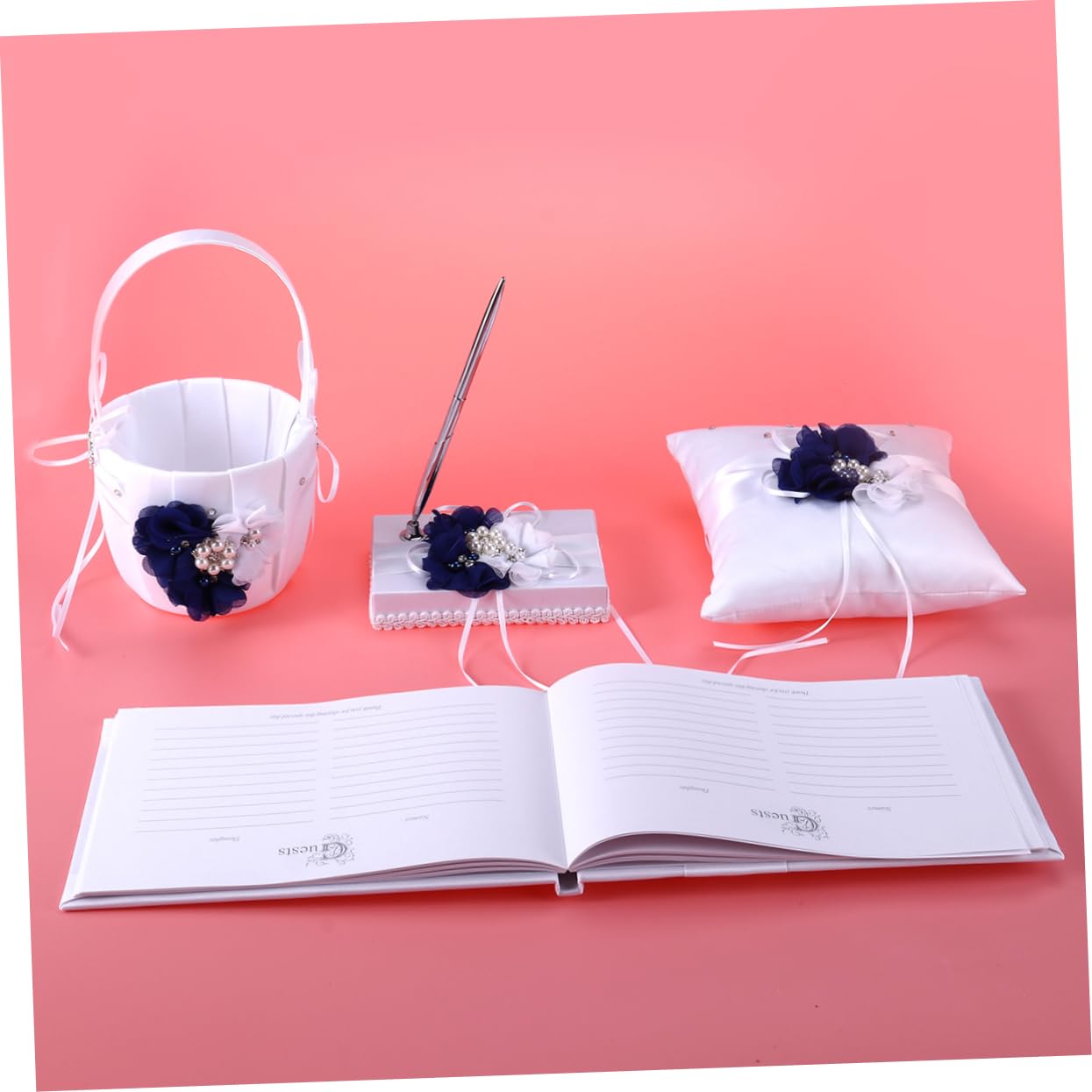 HOLIDYOYO 4pcs Wedding Ring Pillow Set Flower Basket Notebook Pen Holder Bride Flower for Western Ceremony