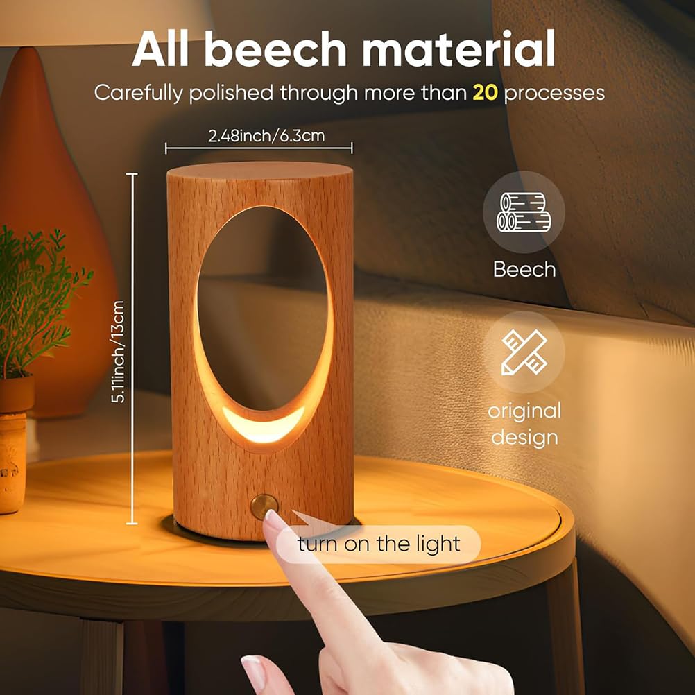 Holz Tischlampe Kabellos Akku Tischleuchte LED Dimmbar Touch Lampe mit Schalter Warmes Weiß 3000K Innen Baum Loch Wiederaufladbar Nachtlicht Runde Lampe Nachttischlampe für Schlafzimmer Kind