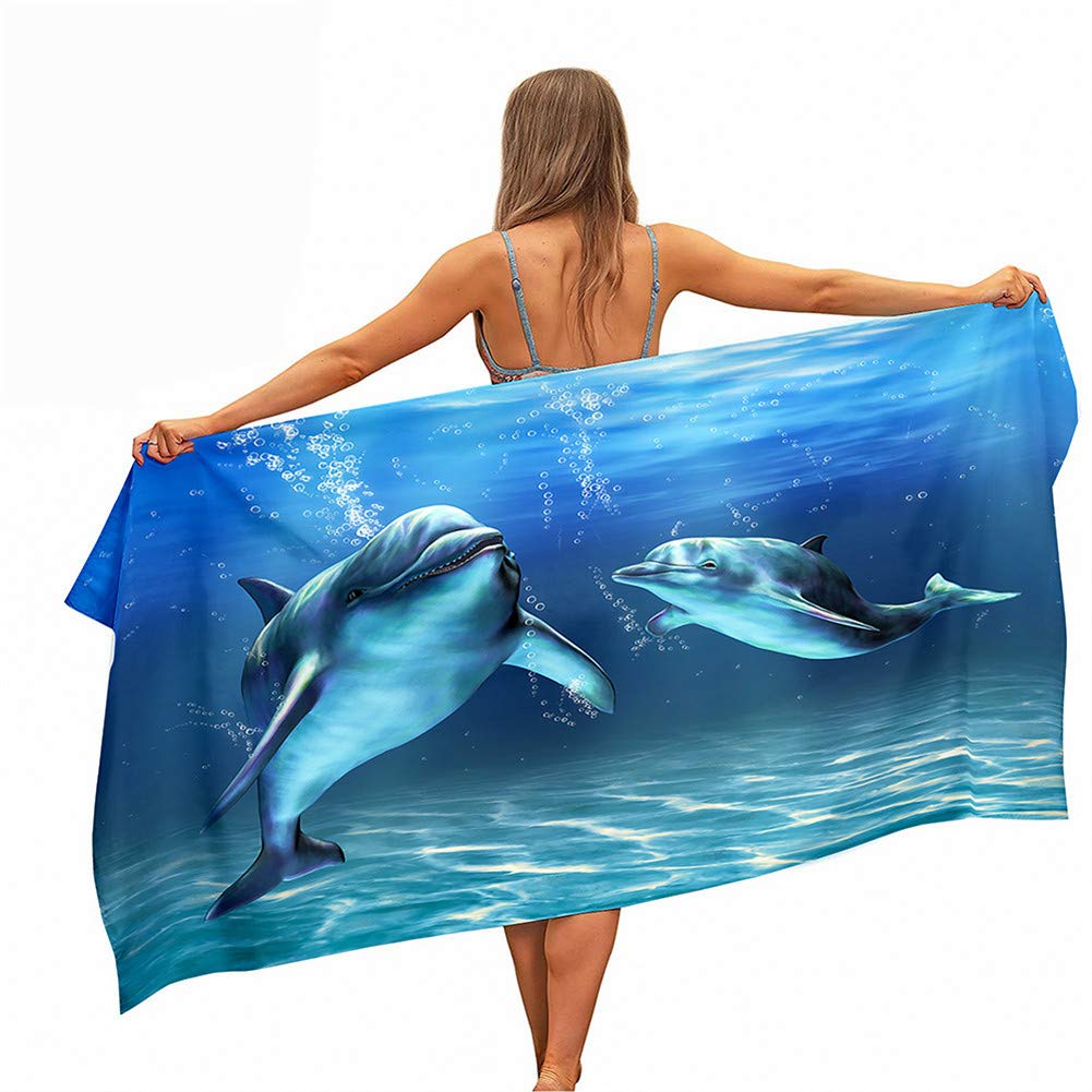 Surwin Girls Dolphin In Water Beach Bath Towel, Jump Dolphin Print Microfibre Quick Dry Extra Large Lightweight Super Soft Summer Towels For Travel Vacation Pool Swim Or Sports Fitness (,80X160cm)