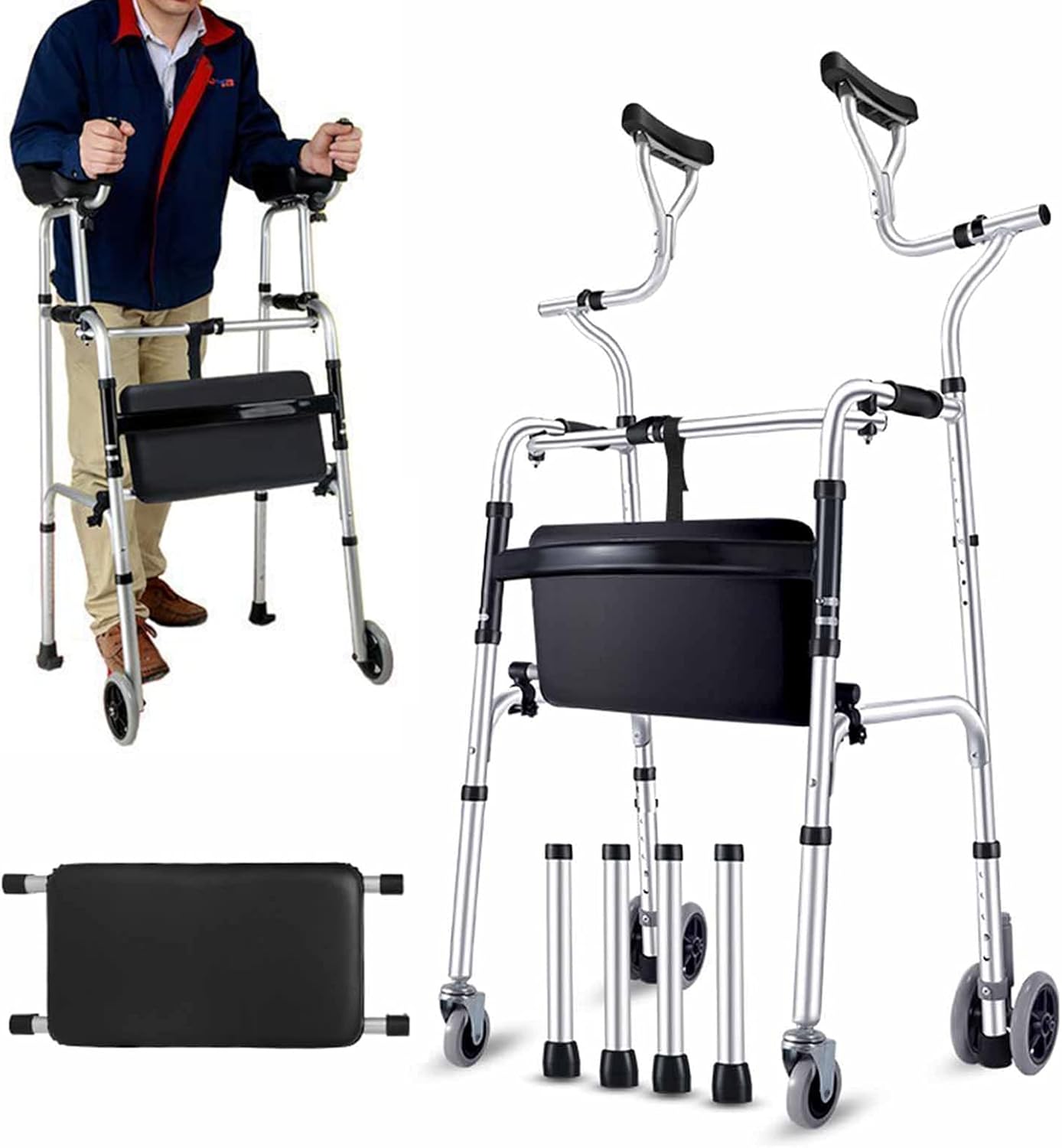 NYKCPJMW Folding Aluminum Rolling Walker with Seat and Arm