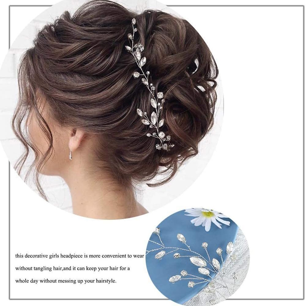 Crystal Flower Vine Headband Tiara Crown for Women Bride Flower Girls Rhinestone Elegant Floral Leaves Branch Crown Wedding Engagement Valentine's Day Anniversary Hair Accessories Jewelry(Silver) - Image 2