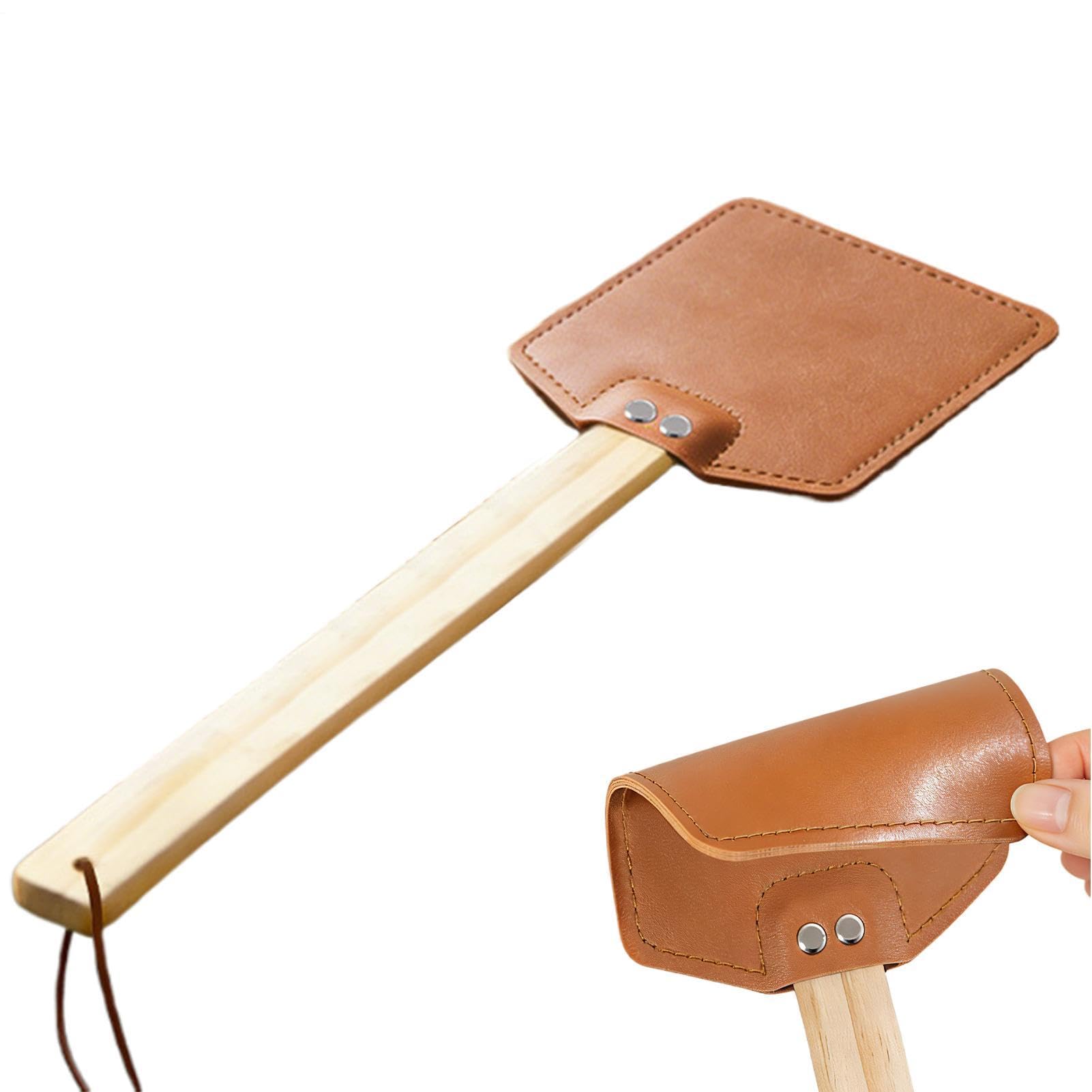 Heavy Duty Leather Fly Swatter with Long Wooden Handle – Handmade Double Layer Thick, Manual Swatter for Mosquitoes – Includes Hanging Loop