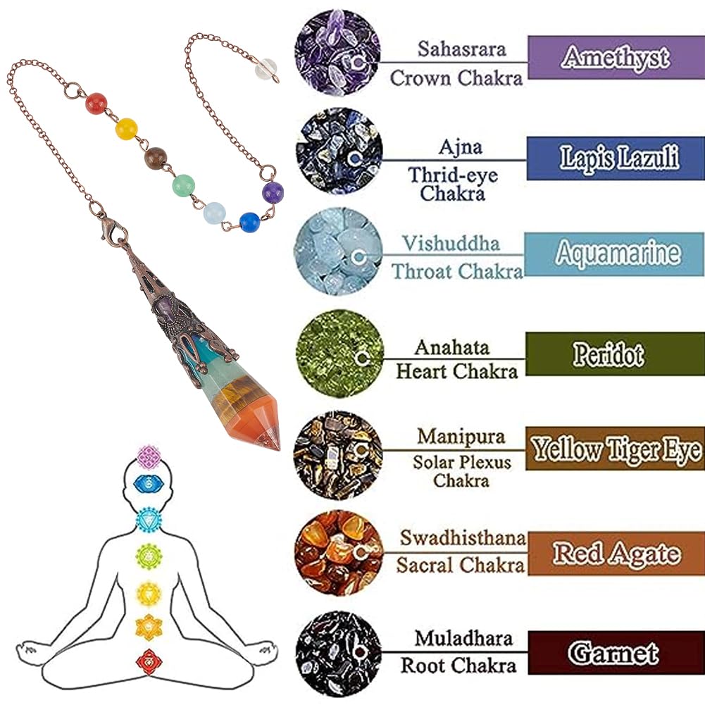 SUPERFINDINGS Set 6 Pendoli Rabdomanti In Pietra Preziosa Naturale, Cristalli Curativi 7 Chakra Con Catena In Acciaio Inossidabile, Ciondoli Reiki Bilanciamento