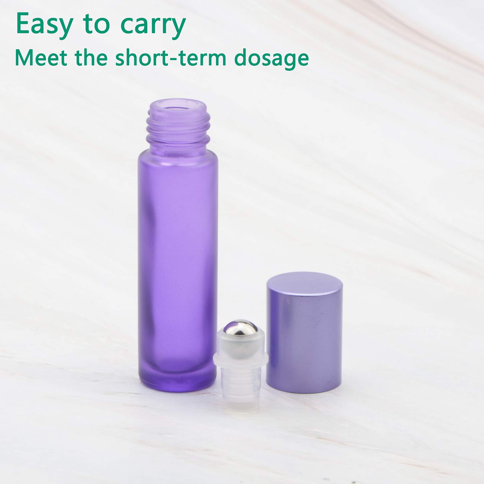 10 bottiglie in vetro smerigliato da 10 ml, a prova di perdite, con sfere in acciaio inossidabile e tappo a vite in alluminio anodizzato per oli di profumo e aromaterapia, Viola