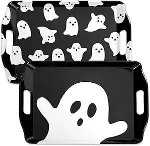 4 Pcs Halloween Ghost Serving Tray Black White Cute Ghost Handled Melamine Board Trick or Treat Serving Platter for Home Party Food Supplies