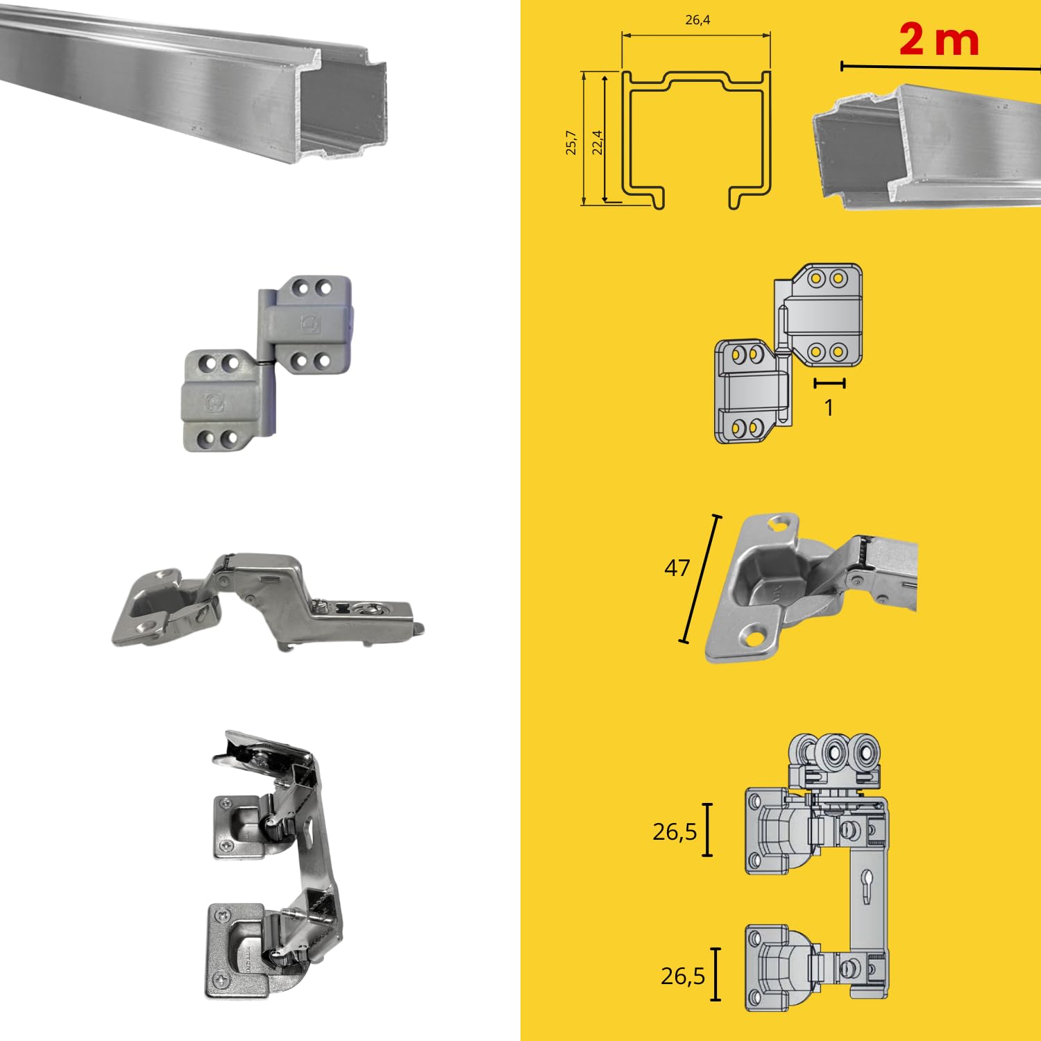 INDAUX Kit Ferramenta per 4 Ante a Libro Con Cerniere Ammortizzate Soft Collo Alto 18, Binario 200 cm, Peso Max 50 kg, Sistema Scorrevole