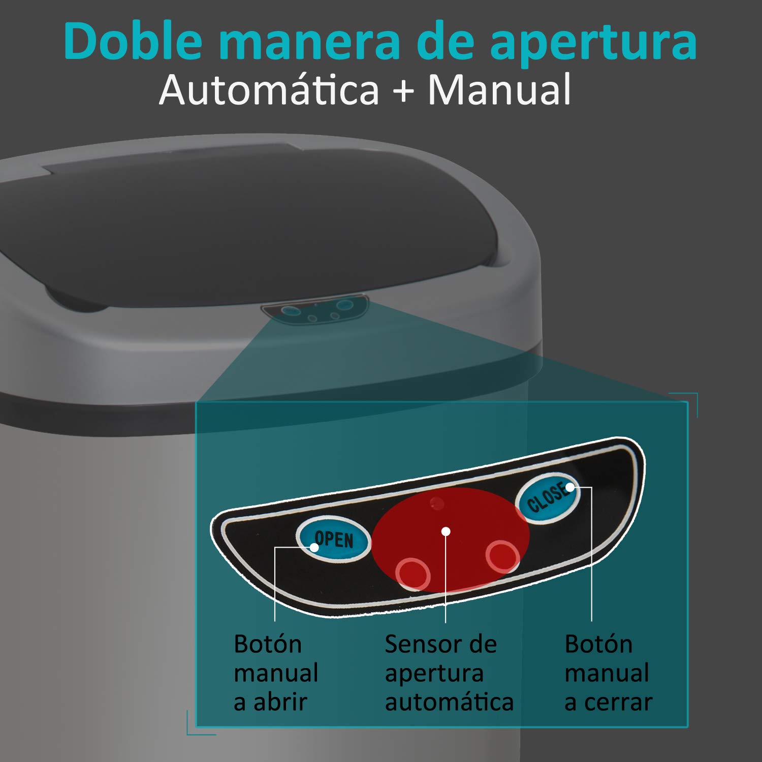 HOMCOM Cubo de Basura Apertura Automática Sensor Papelera Reciclaje para Cocina Dormitorio 48L Acero Inox