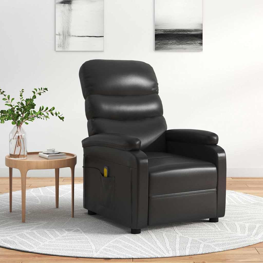 Poltrona massaggiante nera in ecopelle, poltrona relax con massaggio vibrante a 6 punti, schienale e poggiapiedi regolabili manualmente, funzionamento USB, tasca laterale, portata 110 kg, per