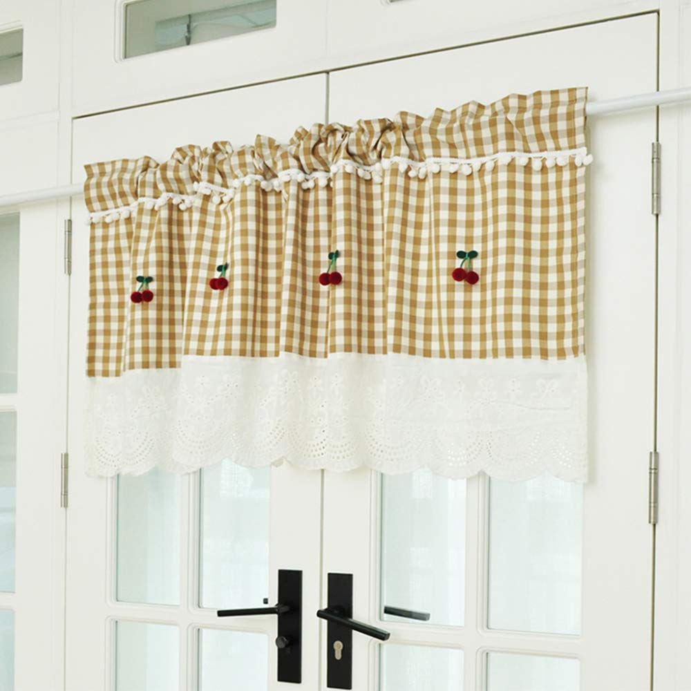 WFENG Cotton and Linen Half Curtain, Door Short Curtain Rod Pocket, Valance Curtains Cherry and Lace Edge/B / W140×H45cm(55.1×17.7inch)