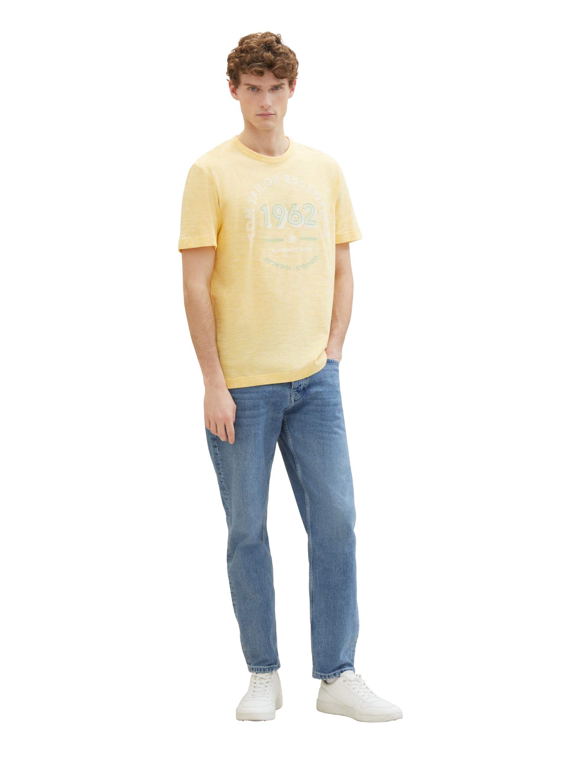 TOM TAILOR Herren Basic T-Shirt mit Logo-Print, sunny yellow finestripe, L – Ansicht 6