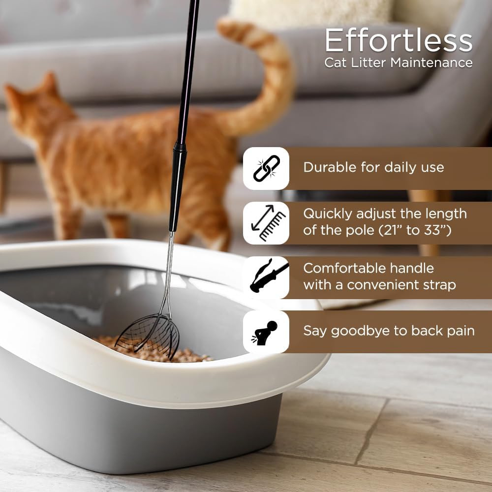 VOS Adjustable Cat Litter Scoop with Extendable Handle (21"–33") – 2 Pack Heavy-Duty Metal Litter Sifter for Easy Cleaning | Back-Saver Design, Lightweight & Durable for All Cat Litter Types