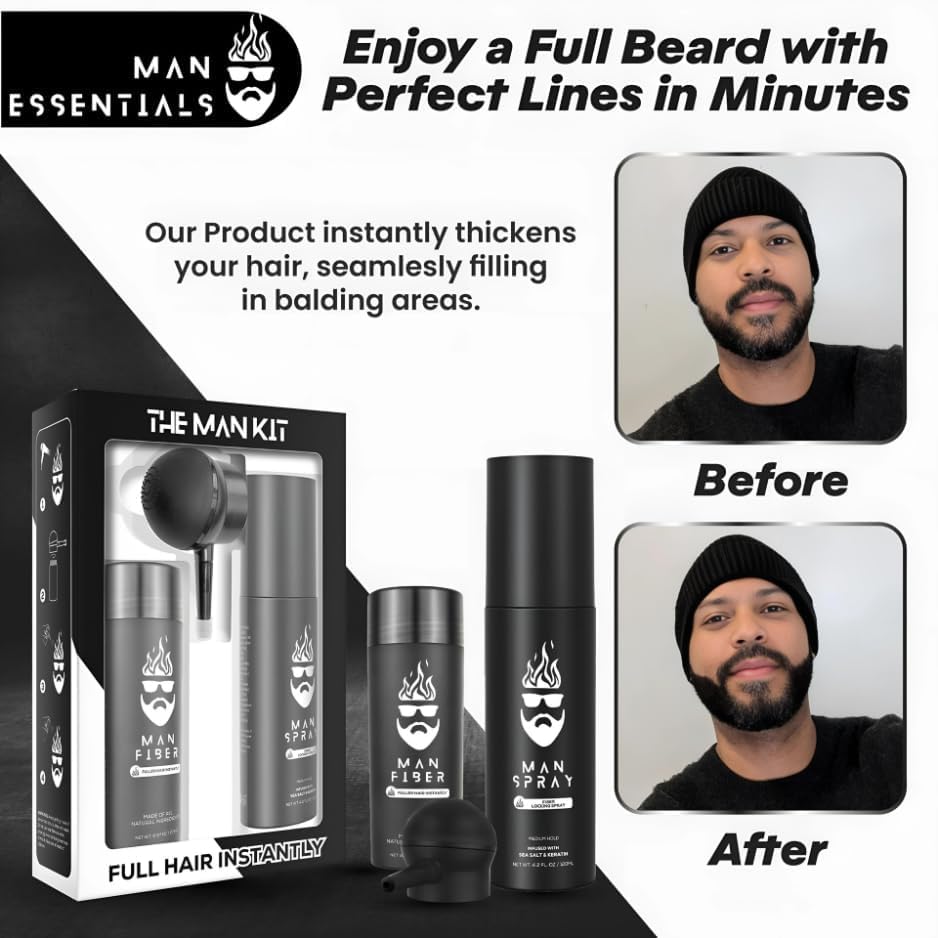 Hair Thickening Fibers (Black), Hair Fiber Locking Spray + Applicator Fiber Pump to create Natural looking Fuller Hair and Beard | Man Card Included | Hair Set by the THE MAN KIT - Image 2