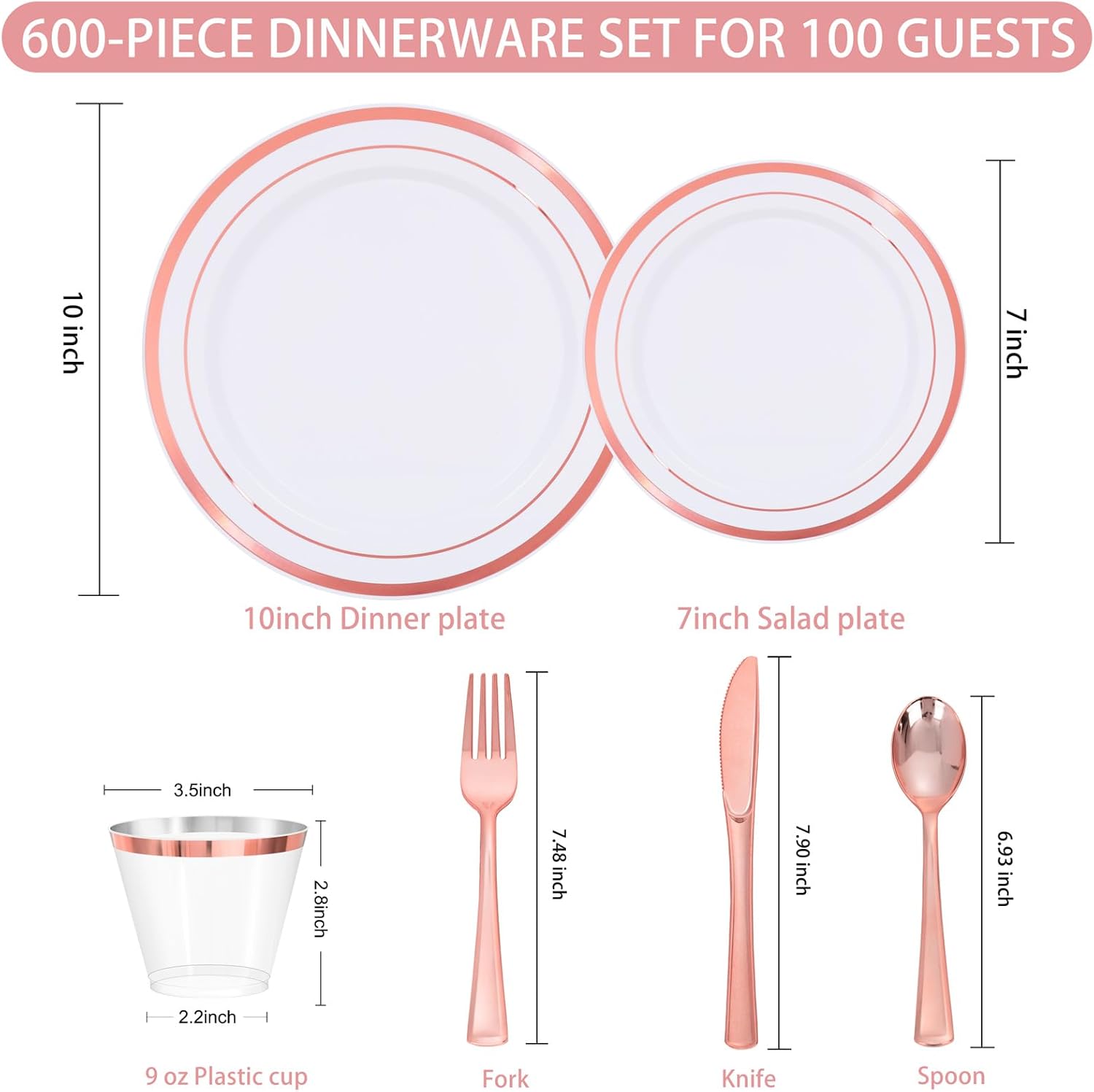 WELLIFE 600 PCS Rose Gold Disposable Dinnerware Set for 100 Guests, Valentine's Day Plate, 100 Each-Dinner & Salad Plates, Cups, Forks Knives Spoons for Wedding Reception and Mothers Day Plates - Image 5