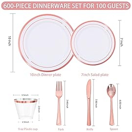 WELLIFE 600 PCS Rose Gold Disposable Dinnerware Set for 100 Guests, Valentine\'s Day Plate, 100 Each-Dinner & Salad Plates, Cups, Forks Knives Spoons for Wedding Reception and Mothers Day Plates