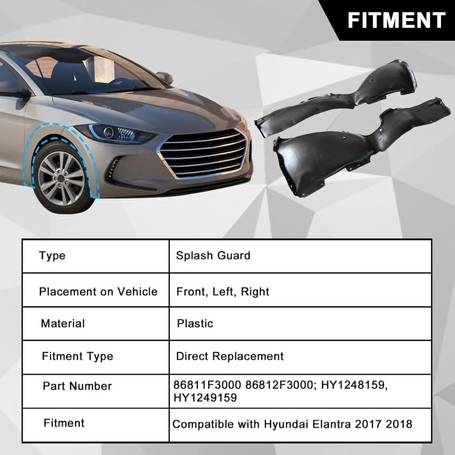 1pair front fender liner set, driver and passenger side, fit for hyundai elantra sedan 2017 2018, replace# 86811f3000 86812f3000, hy1248159 hy1249159, wheel liner splash guard