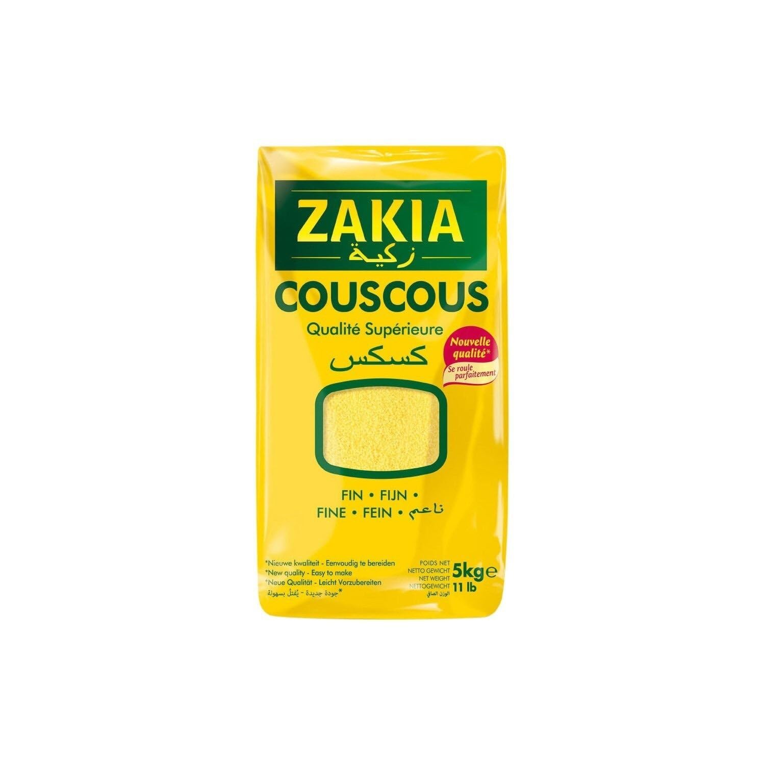 ZAKIA Couscous Fin - Semoule de Blé Dur - Qualité Supérieure - Format Familial 5 kg - Se Roule Parfaitement - Préparation Facile - Lot de 2