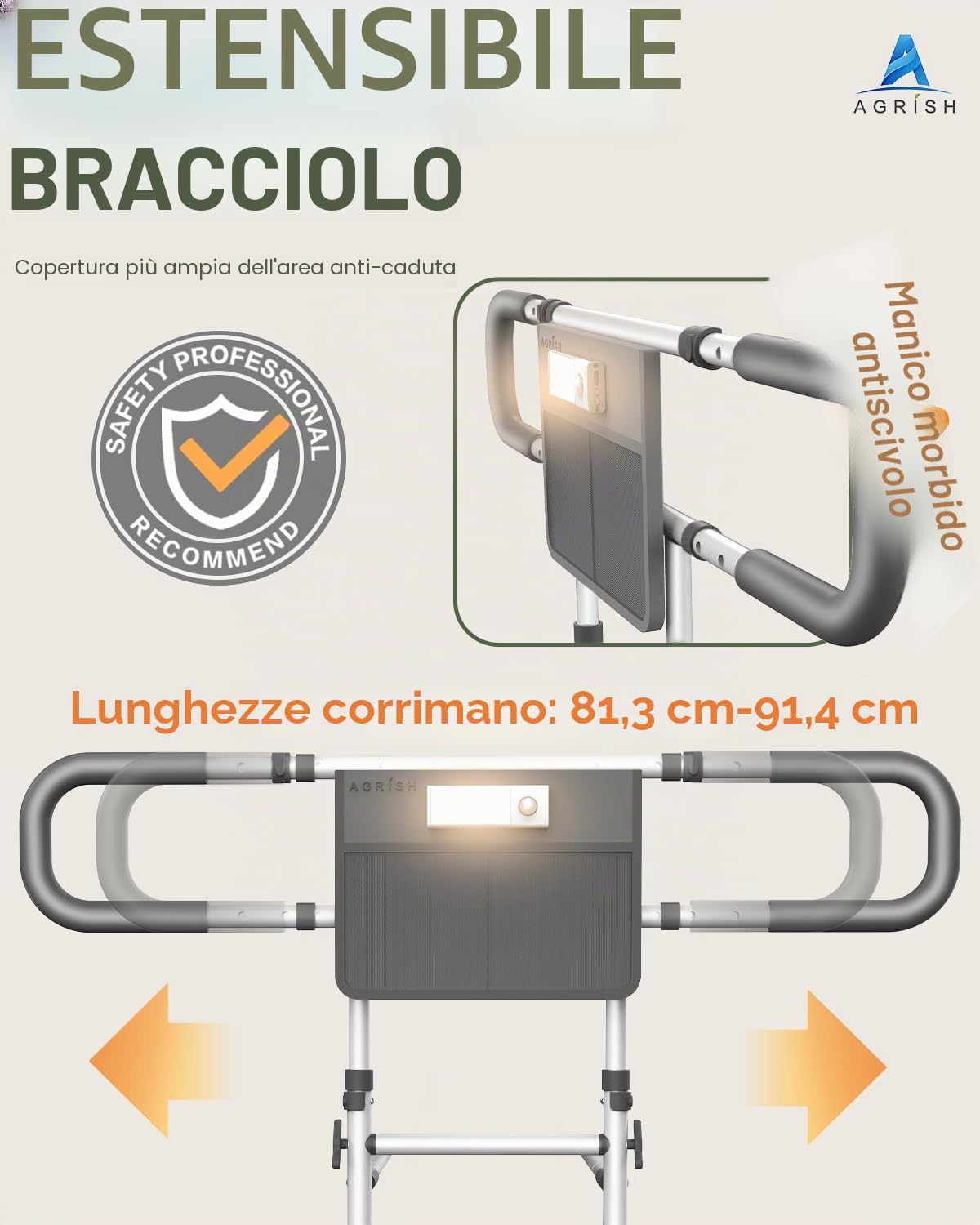 Agrish Sponda da Letto con Maniglia per Alzarsi e Luce LED | Regolabile, con tasca portaoggetti e adatta a letti matrimoniali e king size; ideale per anziani, convalescenti e disabili