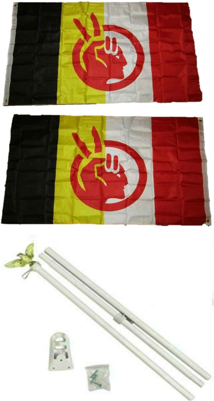 AES American Indian Movement 3'x5' Polyester 2 Ply Double Sided Flag with 6' White Flag Pole Kit with Eagle Topper