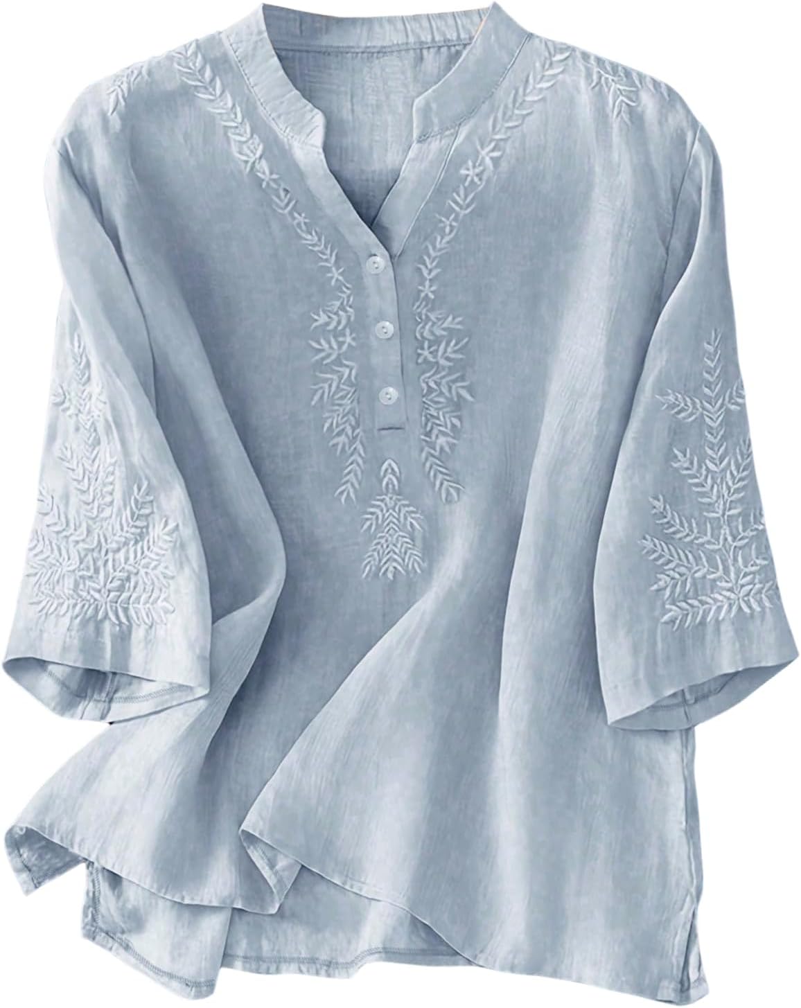 MakeMeChic Women's Boho Blouses Notch V Neck Embroidery 3/4 Sleeve Shirt Tops