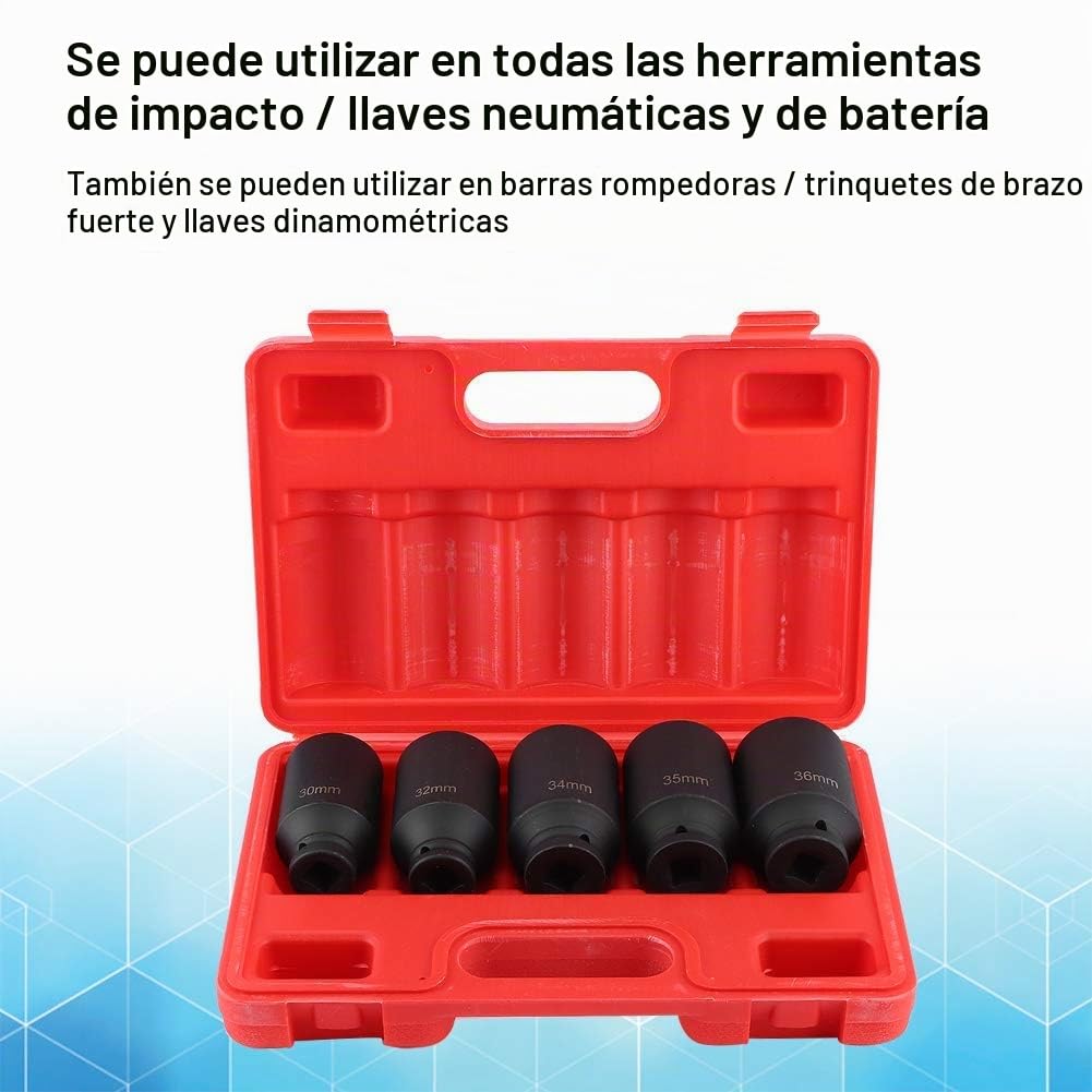 Juego de Llaves de Vaso de 12 Puntos para Eje de Transmisión, 5 Piezas, 1/2 Pulgada, con Caja de Herramientas