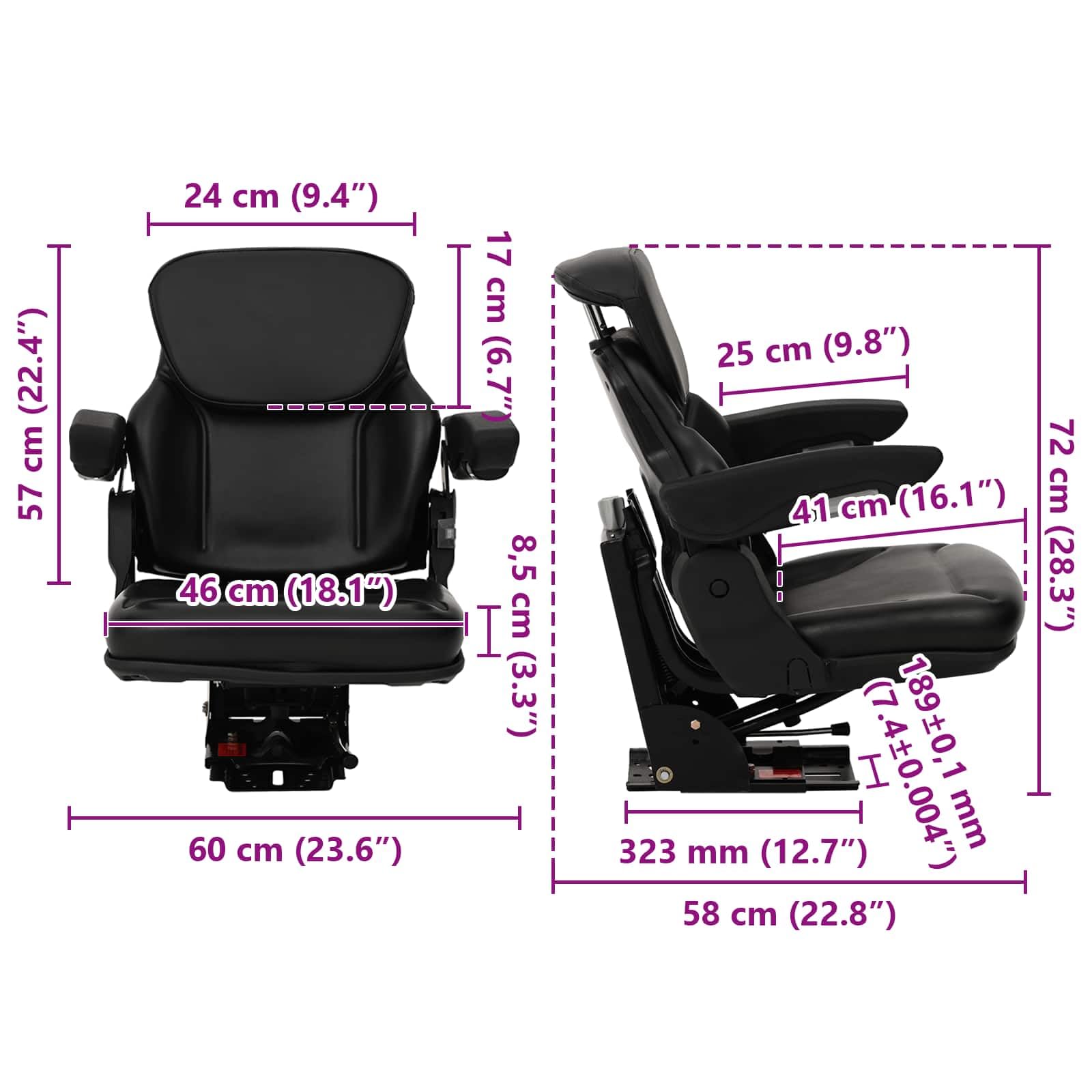 vidaXL Traktorsitz mit Federung Schwarz 60 x 58 x 72 cm Stahl und PVC, Verstellbarer Gabelstaplersitz, ergonomisches Design, E-Mark-zertifiziert, Stoßdämpfung, Komfort, langlebig