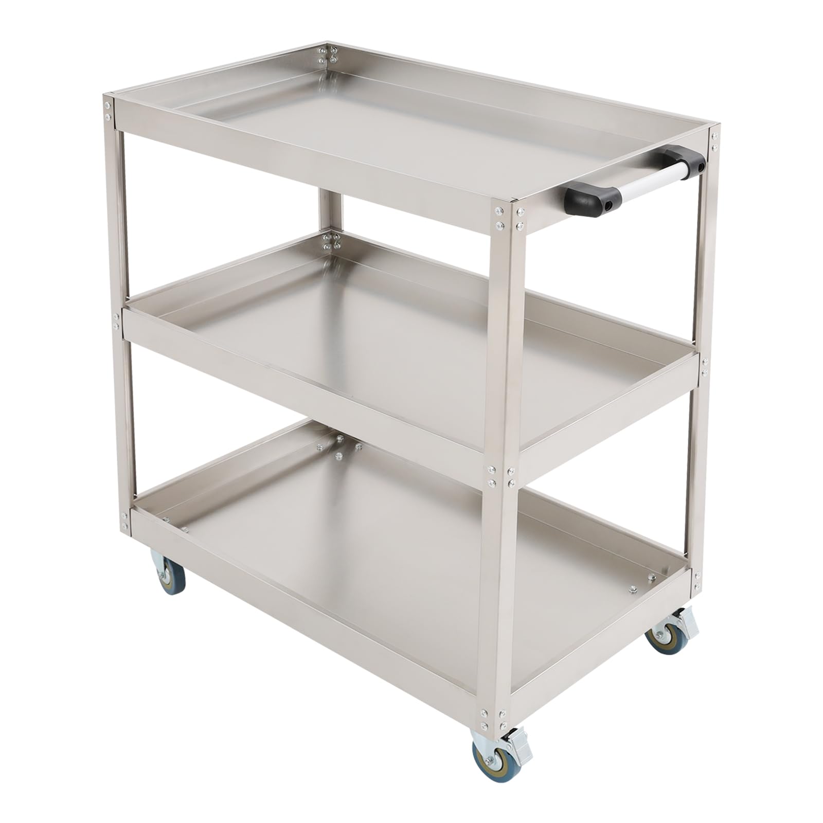 Carrello da portata in acciaio inox, portatile, con 3 partizioni e 4 ruote, carrello da cucina per ristoranti, cucine e cantieri, portata: 150 – 200 kg, 80 x 48 x 90 cm
