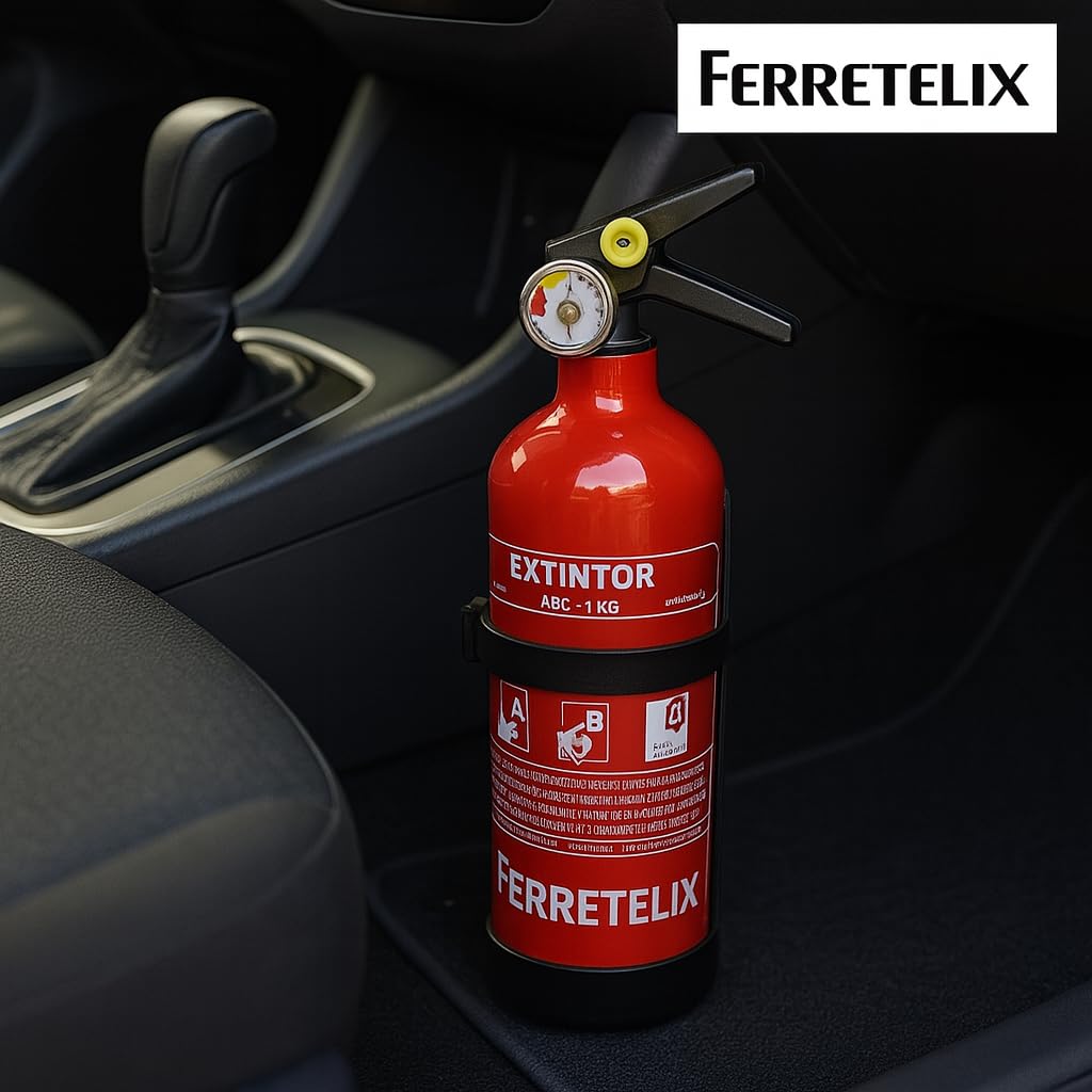 FERRETELIX® Lot de 2 Extincteurs 1 kg Poudre ABC – avec Supports de Fixation – Homologués pour Voiture, Maison, Bureau, Camping-Car ou Bateau. Fecha de fabricacion 2026