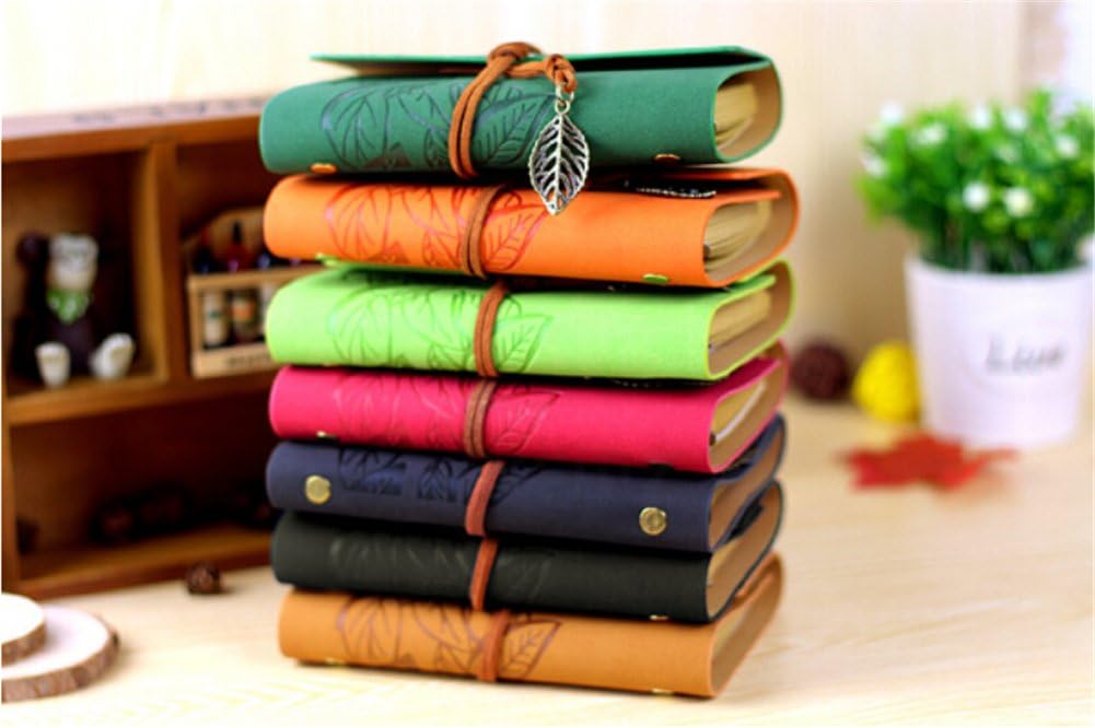 Retro Refillable PU Leather Notebook with Feather Ballpoint Pen, Vintage Handmade Notepad Jotter, Rustic Journal Diary Planner, Travel Unlined Blank Pendants Embossed Sketchbook for Gift (light green)