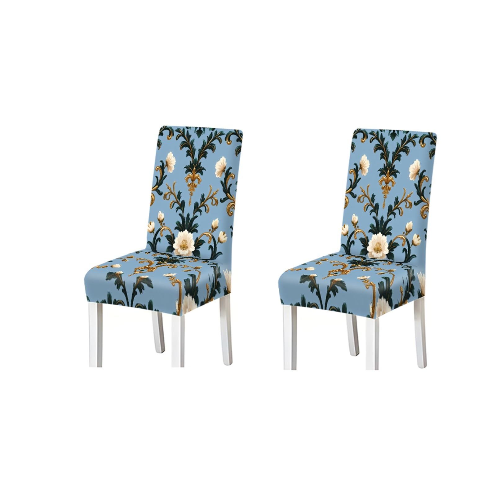 KXUAUV Luxury Blue Gold Damask Floral Print Dining Chair Covers, Stretch Slipcovers For Kitchen Dining Room Wedding Party, 2/4/6PCS Seat Protectors for Restaurant Hotel Party(2PCS Chair cover)