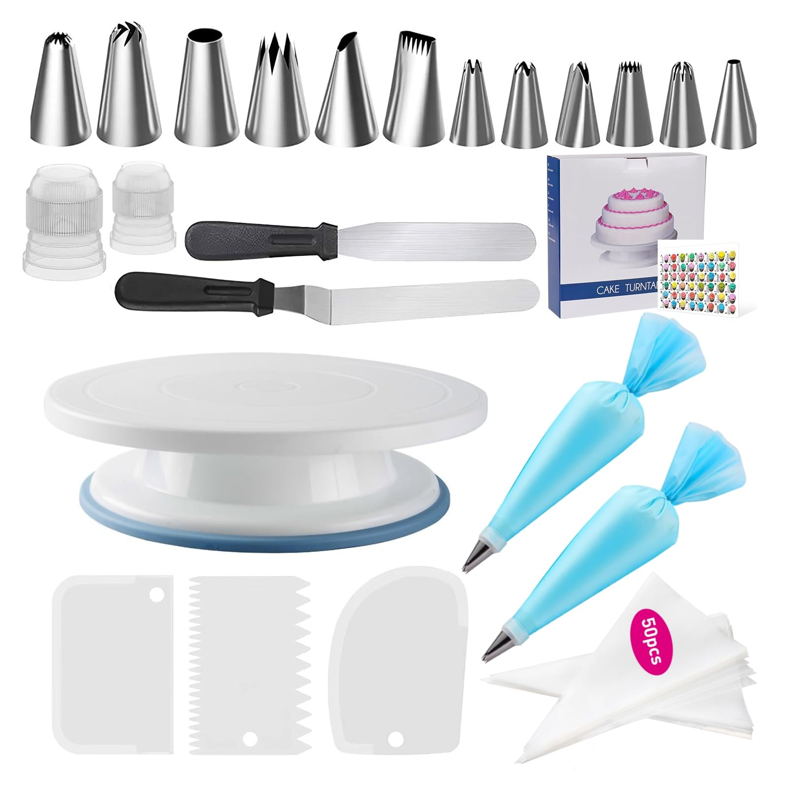 Fuutuu White 72-Piece Cake Decorating Kit With Turntable, Piping Bags & Nozzles, Icing Tools, Scrapers, Spatulas - Baking Supplies For Beginners & Experts