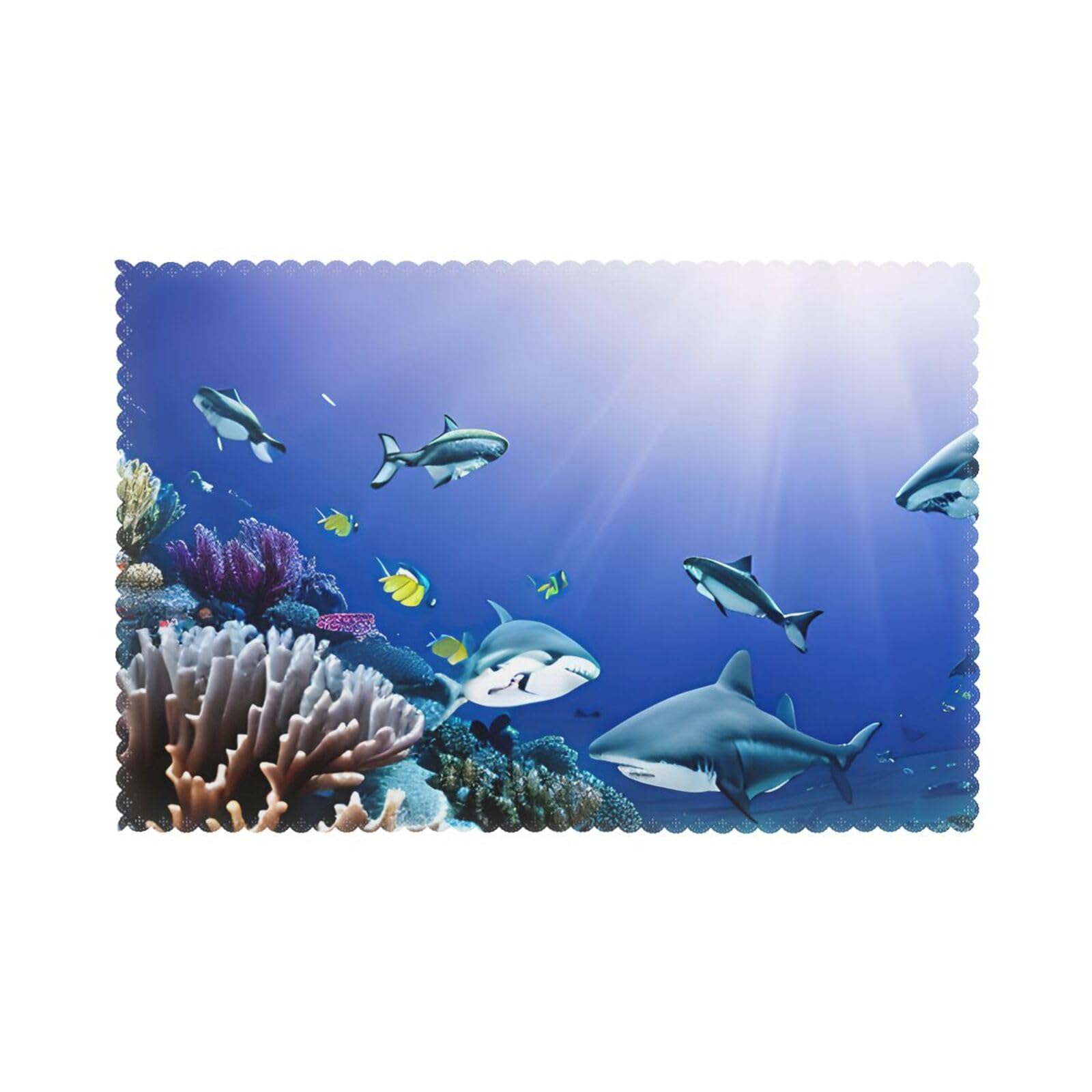 Shark Swimming Under the Sea Print Placemats for Dining Table Set of 6 12x18 Inch Table Mats for Party Kitchen Dining.
