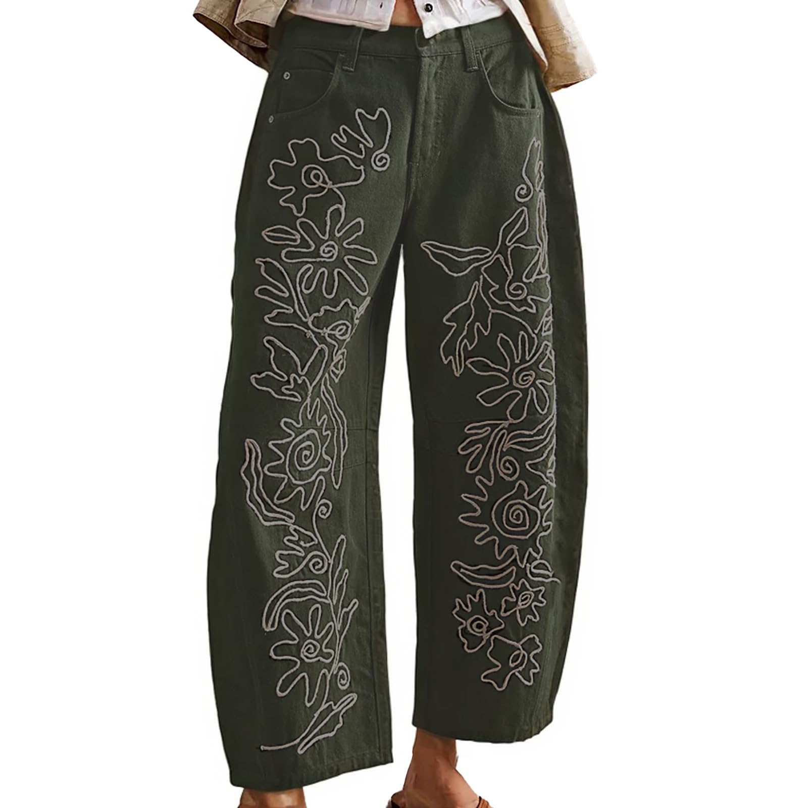 YSW Embroidered Mid Rise Jeans for Women Baggy Boyfriend Jean Boho Barrel Horseshoe Vintage Pants